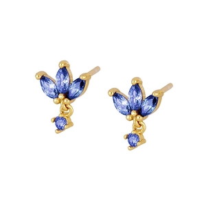 Close-up of gold clover stud earrings with marquise-cut blue zircon and small round pendant