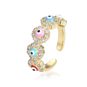 18K gold plated copper ring with colorful enamel evil eyes and sparkling cubic zirconia