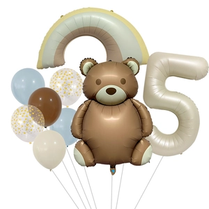 Detail of matte teddy bear balloon set with cream number 5 and rainbow for birthday decor