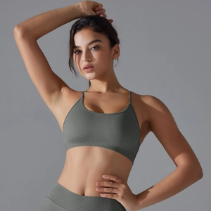 Detailed knit texture of dark grey-green seamless yoga sports bra with thin straps