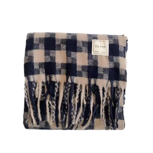 Classic plaid scarf in beige and navy cashmere-like fabric with fringed tassels