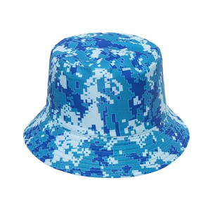 Detailed top view of a blue digital camouflage bucket hat with pixelated outdoor pattern