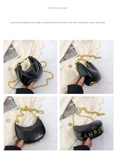Detailed views of a black crescent shoulder bag with golden chain strap and metallic logo