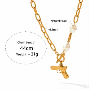 Detail of baroque pearl necklace with gun pendant showing 44cm length and 21g weight
