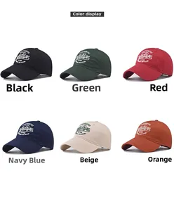 Six colors display of vintage embroidered cotton baseball caps in a tidy grid layout