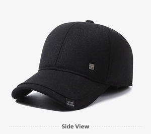 Detail of black winter baseball cap with metal logo and Sport Fashion stitching