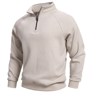 Men's beige stand collar half-zip sweatshirt in ribbed knit fabric, classic 45-degree view
