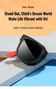Foldable square kids sunglasses with black frames and red temples on geometric background