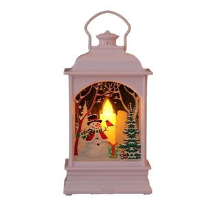 White Christmas lantern featuring snowman scene and warm LED light for holiday decor