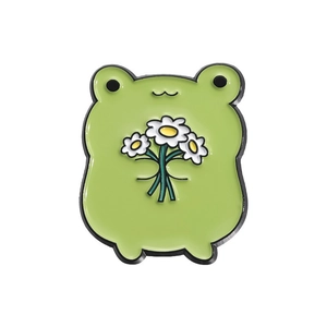 Broche en émail grenouille verte avec marguerites blanches badge animal mignon