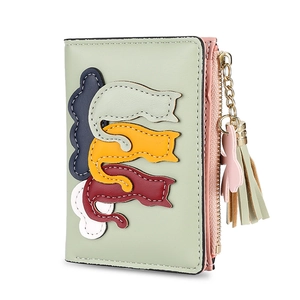 Short PU leather wallet for women in light green with cute cat patches and tassel keychain
