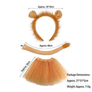 Three-piece lion costume for kids with headband, tail and tutu showing detailed dimensions