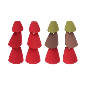 Colorful geometric matte triangle tassel earrings with red and green tiered trapezoid panels