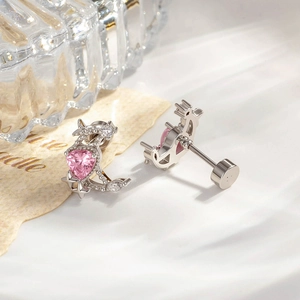 Silver cartilage piercing studs featuring pink heart zircon moon and deer designs