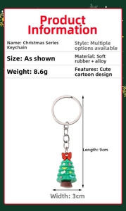 Close-up of green Christmas tree keychain with size dimensions 9cm by 3cm and 8.6g weight