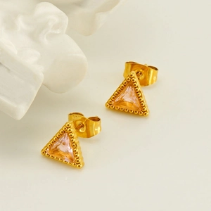 18K gold plated stainless steel triangle earrings with pink zircon and beaded edges