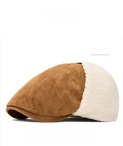 Detail of khaki faux suede beret with white fleece lining and premium texture finish