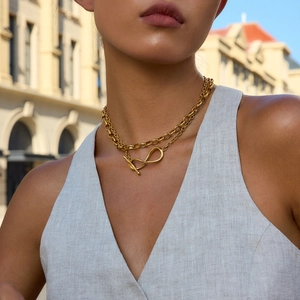 Detail of 18K gold stainless steel double-layered necklace with twisted oval pendant and OT buckle