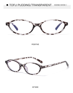 Detail view of oval tortoiseshell frames with transparent lenses from multiple angles