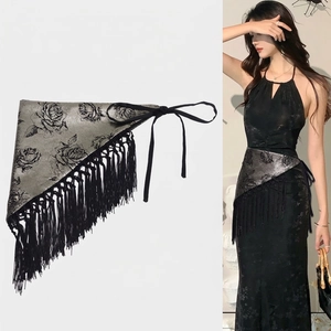 Silver jacquard triangle waist chain with rose patterns and long black tassels