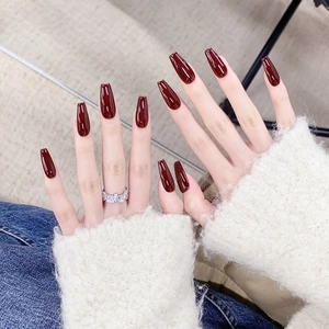 Long Coffin Shape Press On Nails Glossy Solid Burgundy Wine Red False Nails ABS Artificial Manicure For Women