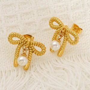 Boucles d'oreilles nœud en acier titane avec pendentif perle blanche doré chic