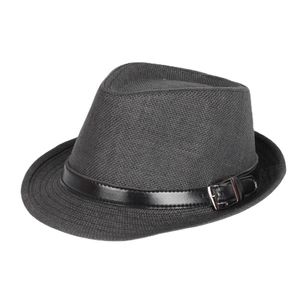 Classic black straw fedora hat with breathable weave and leather band with metal buckle
