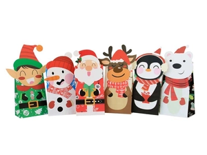 Variety of festive Christmas paper bags featuring Santa, Reindeer, and Snowman designs