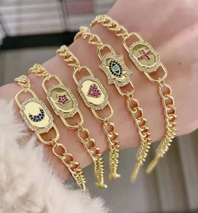 Curb Chain Bracelet Copper Cubic Zirconia Adjustable Star Moon Heart Cross Evil Eye Fashion Jewelry Boho Style Women