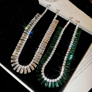 Elegant rectangle emerald and white diamond fringe necklace set with adjustable chain