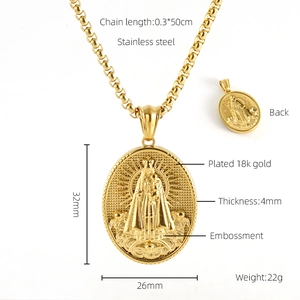 Detail of 18K gold-plated stainless steel religious pendant with measurements and back view