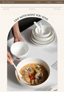 Detail of white embossed ceramic tableware set with delicate wavy textures for family dining