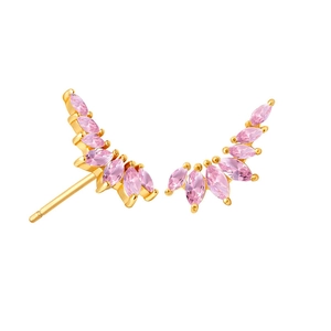 Detailed view of pink marquise-cut zircon stones in wing-shaped gold earrings