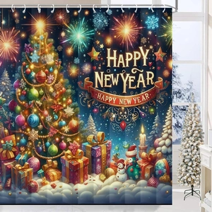 Detail of waterproof Christmas shower curtain with Happy New Year print and festive patterns