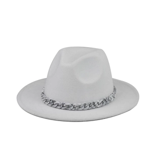 Close-up of white felt fedora hat featuring a marble textured link chain band