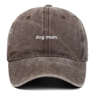 Vintage washed cotton baseball cap in dark brown with white Dog Mum embroidery