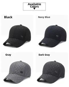 Detail of men baseball cap in four colors featuring checkered texture and metal side label