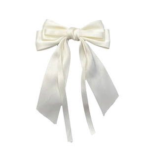 Creamy white satin bow hair clip with long ribbons, elegant minimalist hair accessory