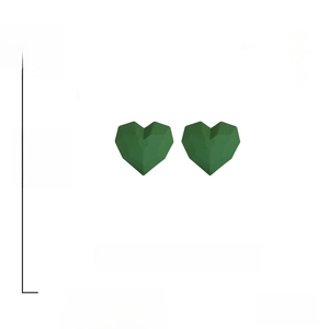 Detail view of dark green heart stud earrings showing 2.4cm by 2.7cm size and weight