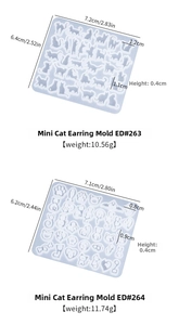 Detailed size specifications for mini cat earring silicone molds with cat and heart shapes