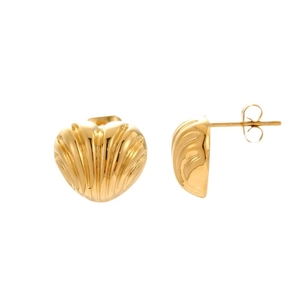 Golden heart-shaped hammered earrings with ribbed texture on a clean white background