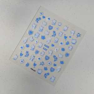 5D embossed nail stickers featuring cute blue cats and hearts on transparent film