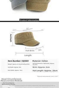 Detail view of cotton flat top military cap showing adjustable strap and dimensions