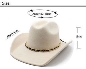 Detailed size chart of denim felt hat showing 9cm brim, 12cm height, and 57-58cm circumference