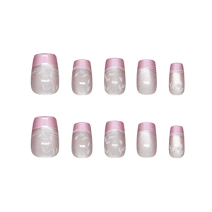 Pink gradient press-on nails with white leaf pattern in square round shape