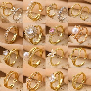 Trendy Copper Adjustable Open Rings For Women Cubic Zirconia Faux Artificial Pearl Heart Bow Star Finger Jewelry Accessory