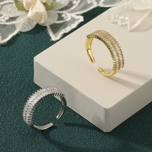 Fashionable Copper Zirconia Double Row Square Stone Open Ring For Women Adjustable Personalized Finger Ring Jewelry