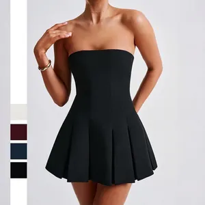 Women Strapless Tube Top Pleated Mini Dress Elegant Polyester Spandex Slim Fit High Waist A-Line Evening Party Fashion