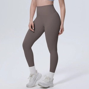 Detailansicht der hochtaillierten taupefarbenen Yoga-Leggings mit nahtlosem Hosenbund