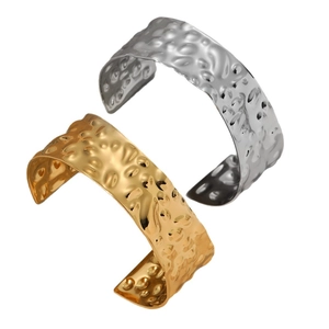 Minimalist hammer textured wide open cuff bracelets in gold and silver stainless steel